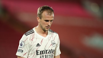 LIVERPOOL, ENGLAND - SEPTEMBER 28: Rob Holding of Arsenal during the Premier League match between Liverpool and Arsenal at Anfield on September 28, 2020 in Liverpool, United Kingdom. Sporting stadiums around the UK remain under strict restrictions due to the Coronavirus Pandemic as Government social distancing laws prohibit fans inside venues resulting in games being played behind closed doors. (Photo by Robbie Jay Barratt - AMA/Getty Images)
