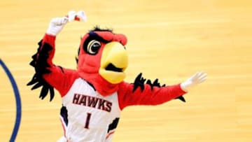 May 3, 2013; Atlanta, GA, USA; Atlanta Hawks mascot Harry the Hawks against the Indiana Pacers during the second half in game six of the first round of the 2013 NBA Playoffs at Philips Arena. The Pacers defeated the Hawks 81-73 to win the series four games to two. Mandatory Credit: Dale Zanine-USA TODAY Sports