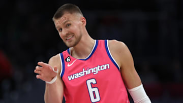 WASHINGTON, DC - MARCH 28: Kristaps Porzingis #6 of the Washington Wizards gestures against the Boston Celtics during the second half at Capital One Arena on March 28, 2023 in Washington, DC. NOTE TO USER: User expressly acknowledges and agrees that, by downloading and or using this photograph, User is consenting to the terms and conditions of the Getty Images License Agreement. (Photo by Patrick Smith/Getty Images)