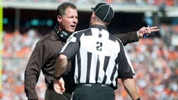 CLEVELAND, OH - SEPTEMBER 9: Head Coach Pat Shurmur of the Cleveland Browns argues with Head Linesman Kevin Akin