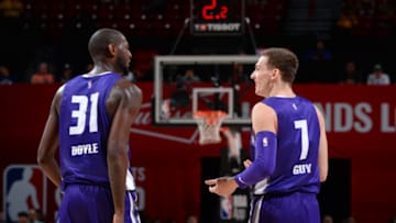 LAS VEGAS, NV - JULY 8: Milton Doyle #31 and Kyle Guy #7 of the Sacramento Kings talk during the game against the Dallas Mavericks on July 8, 2019 at the Thomas & Mack Center in Las Vegas, Nevada. NOTE TO USER: User expressly acknowledges and agrees that, by downloading and/or using this photograph, user is consenting to the terms and conditions of the Getty Images License Agreement. Mandatory Copyright Notice: Copyright 2019 NBAE (Photo by Bart Young/NBAE via Getty Images)
