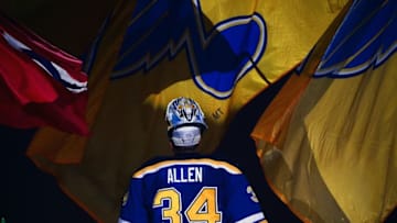 Oct 29, 2016; St. Louis, MO, USA; St. Louis Blues goalie Jake Allen (34) skates on the ice after being named the first star of the game for shutting out the Los Angeles Kings at Scottrade Center. The Blues won 1-0. Mandatory Credit: Jeff Curry-USA TODAY Sports