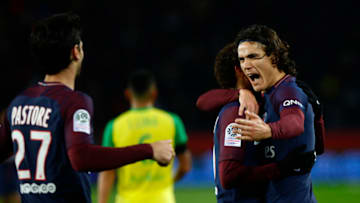 Paris Saint-Germain's Uruguayan forward Edinson Cavani celebrates after he opened the scoring during the French L1 football match between Paris Saint-Germain (PSG) and Nantes (FCN) at the Parc des Princes stadium in Paris on November 18, 2017. (Photo by Mehdi Taamallah/NurPhoto via Getty Images)