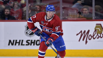 Sep 29, 2022; Montreal, Quebec, CAN; Montreal Canadiens forward Joshua Roy (97) plays the puck during the first period of the game against the Winnipeg Jets at the Bell Centre. Mandatory Credit: Eric Bolte-USA TODAY Sports
