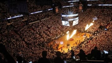 Jun 17 2012; Miami, FL, USA; Miami Heat fans cheer prior to the start of game three in the 2012 NBA Finals against the Oklahoma City Thunder at the American Airlines Arena. Mandatory Credit: Robert Mayer-USA TODAY Sports