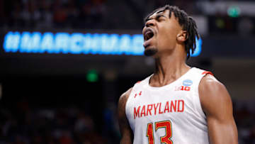 BIRMINGHAM, ALABAMA - MARCH 16: Hakim Hart #13 of the Maryland Terrapins celebrates against the West Virginia Mountaineers during the second half in the first round of the NCAA Men's Basketball Tournament at Legacy Arena at the BJCC on March 16, 2023 in Birmingham, Alabama. (Photo by Alex Slitz/Getty Images)