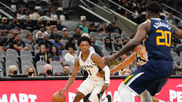 Oct 4, 2021; San Antonio, Texas, USA; San Antonio Spurs guard Josh Primo dribbles in the second half against the Utah Jazz at the AT&T Center. Mandatory Credit: Daniel Dunn-USA TODAY Sports