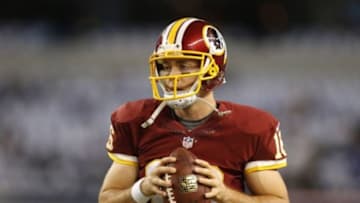 Oct 27, 2014; Arlington, TX, USA; Washington Redskins quarterback Colt McCoy (16) throws prior to the game against the Dallas Cowboys at AT&T Stadium. Mandatory Credit: Matthew Emmons-USA TODAY Sports