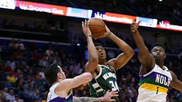 JJ Redick & Zion Williamson, New Orleans Pelicans. Giannis Antetokounmpo, Milwaukee Bucks. (Photo by Jonathan Bachman/Getty Images)