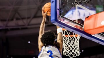 Florida Gators forward Alex Fudge (3) dunks the ball during the Orange & Blue Scrimmage at Billy Donovan Court at Exactech Arena in Gainesville, FL on Tuesday, November 1, 2022. [Matt Pendleton/Gainesville Sun]Ncaa Men S Basketball Florida Gators Orange Blue Scrimmage