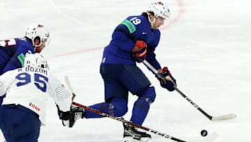 TAMPERE, FINLAND - MAY 21: Cutter Gauthier #19 of Team United States in action during the 2023 IIHF Ice Hockey World Championship Finland - Latvia game between United States France at on May 21, 2023 in Tampere, Finland. (Photo by Xavier Laine/Getty Images)