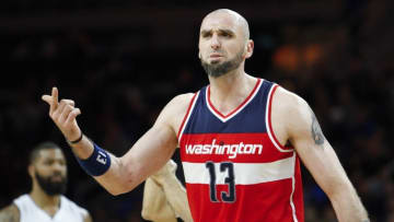 Apr 8, 2016; Auburn Hills, MI, USA; Washington Wizards center Marcin Gortat (13) reacts to a call during the third quarter against the Detroit Pistons at The Palace of Auburn Hills. Pistons win 112-99. Mandatory Credit: Raj Mehta-USA TODAY Sports