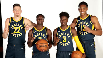 INDIANAPOLIS - SEPTEMBER 24: T.J. Leaf #22, Darren Collison #2, Aaron Holiday #3, and Ike Anigbogu #13 of the Indiana Pacers pose for a head shot during the Pacers Media Day on September 24, 2018 in Indianapolis, Indiana. NOTE TO USER: User expressly acknowledges and agrees that, by downloading and or using this Photograph, user is consenting to the terms and condition of the Getty Images License Agreement. Mandatory Copyright Notice: 2018 NBAE (Photo by Ron Hoskins/NBAE via Getty Images)