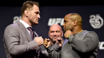 BROOKLYN, NEW YORK - APRIL 06: (L-R) Opponents Stipe Miocic and Daniel Cormier face off during the UFC press conference inside Barclays Center on April 6, 2018 in Brooklyn, New York. (Photo by Jeff Bottari/Zuffa LLC/Zuffa LLC via Getty Images)