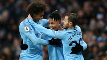 MANCHESTER, ENGLAND - DECEMBER 15: Gabriel Jesus of Manchester City celebrates with teammates after scoring his team's first goal during the Premier League match between Manchester City and Everton FC at Etihad Stadium on December 15, 2018 in Manchester, United Kingdom. (Photo by Alex Livesey/Getty Images)