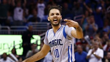 Nov 6, 2015; Orlando, FL, USA; Orlando Magic forward Evan Fournier (10) sets a defensive play during the fourth quarter of a basketball game against the Toronto Raptors at Amway Center. The Magic won 92-87. Mandatory Credit: Reinhold Matay-USA TODAY Sports