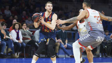 VITORIA-GASTEIZ, SPAIN - DECEMBER 22: Nik Stauskas of Saski Baskonia and Augusto Lima of San Pablo Burgos during Liga Endesa match between Saski Baskonia and San Pablo Burgos on December 22, 2019 in Vitoria-Gasteiz, Spain.