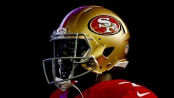 Jan 31, 2013; New Orleans, LA, USA; A detailed view of a San Francisco 49ers helmet on a mannequin during an NFL health and safety press conference at the Ernest Morial Convention center. Super Bowl XLVII will take place between the San Francisco 49ers and the Baltimore Ravens on February 3, 2013 at the Mercedes-Benz Superdome. Mandatory Credit: Derick E. Hingle-USA TODAY Sports