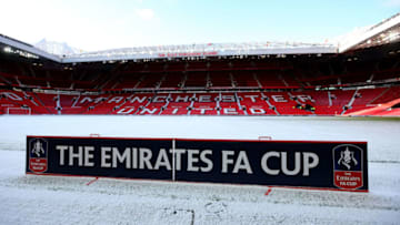 MANCHESTER, ENGLAND - MARCH 17: A snow covered pitch at the Old Trafford stadium prior to the Emirates FA Cup Quarter Final between Manchester United and Brighton