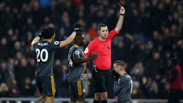 BRIGHTON, ENGLAND - NOVEMBER 24: James Maddison of Leicester City reacts after being sent off during the Premier League match between Brighton & Hove Albion and Leicester City at American Express Community Stadium on November 24, 2018 in Brighton, United Kingdom. (Photo by Bryn Lennon/Getty Images)