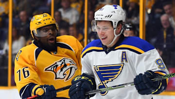 Nov 10, 2016; Nashville, TN, USA; Nashville Predators defenseman P.K. Subban (76) hits St. Louis Blues right wing Vladimir Tarasenko (91) during the second period at Bridgestone Arena. Mandatory Credit: Christopher Hanewinckel-USA TODAY Sports