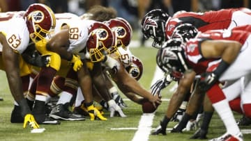 Aug 11, 2016; Atlanta, GA, USA; General view of the line of scrimmage during a game between the Washington Redskins and Atlanta Falcons in the fourth quarter at the Georgia Dome. The Falcons defeated the Redskins 23-17. Mandatory Credit: Brett Davis-USA TODAY Sports