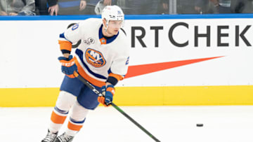 Apr 17, 2022; Toronto, Ontario, CAN; New York Islanders left wing Kieffer Bellows (20) skates during the warmup against the Toronto Maple Leafs at Scotiabank Arena. Mandatory Credit: Nick Turchiaro-USA TODAY Sports