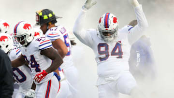 ORCHARD PARK, NY - OCTOBER 29: Jerel Worthy #94 of the Buffalo Bills raises his arms before an NFL game against the Oakland Raiders on October 29, 2017 at New Era Field in Orchard Park, New York. (Photo by Brett Carlsen/Getty Images)