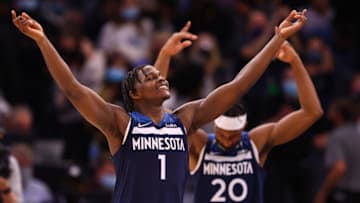 Anthony Edwardsof the Minnesota Timberwolves celebrates with Josh Okogie. (Photo by Harrison Barden/Getty Images)