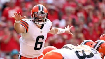 KANSAS CITY, MISSOURI - SEPTEMBER 12: Quarterback Baker Mayfield #6 of the Cleveland Browns audibles during the game against the Kansas City Chiefs at Arrowhead Stadium on September 12, 2021 in Kansas City, Missouri. (Photo by Jamie Squire/Getty Images)