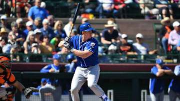 SCOTTSDALE, AZ - FEBRUARY 26: Frank Schwindel #69 of the Kansas City Royals bats in the spring training game against the San Francisco Giants at Scottsdale Stadium on February 26, 2018 in Scottsdale, Arizona. (Photo by Jennifer Stewart/Getty Images)