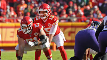 KANSAS CITY, MO - DECEMBER 09: Quarterback Patrick Mahomes #15 of the Kansas City Chiefs calls out a play, under center Mitch Morse #61 of the Kansas City Chiefs against the Baltimore Ravens during the first half on December 9, 2018 at Arrowhead Stadium in Kansas City, Missouri. (Photo by Peter G. Aiken/Getty Images)