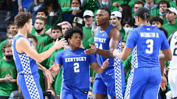 Dec 11, 2021; South Bend, Indiana, USA; Kentucky Wildcats guard Sahvir Wheeler (2) celebrates with his teammates after being fouled in the second half against the Notre Dame Fighting Irish at the Purcell Pavilion. Mandatory Credit: Matt Cashore-USA TODAY Sports