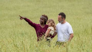 Andrew Lincoln as Rick Grimes, Danai Gurira as Michonne, Chloe Garcia as Judith - The Walking Dead _ Season 9, Episode 1 - Photo Credit: Jackson Lee Davis/AMC