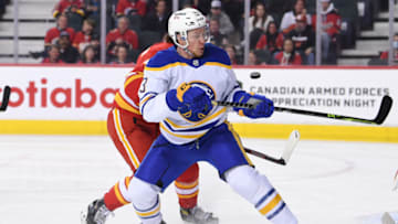 Mar 18, 2022; Calgary, Alberta, CAN; Buffalo Sabres forward Jeff Skinner (53) reacts to a shot on the Calgary Flames in the second period at Scotiabank Saddledome. Mandatory Credit: Candice Ward-USA TODAY Sports