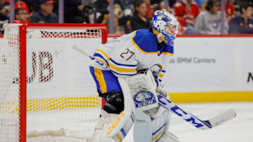 Apr 4, 2023; Sunrise, Florida, USA; Buffalo Sabres goaltender Devon Levi (27) defends his net during the second period against the Florida Panthers at FLA Live Arena. Mandatory Credit: Sam Navarro-USA TODAY Sports