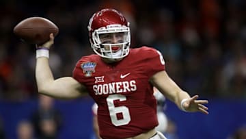 NEW ORLEANS, LA - JANUARY 02: Baker Mayfield #6 of the Oklahoma Sooners throws a pass against the Auburn Tigers during the Allstate Sugar Bowl at the Mercedes-Benz Superdome on January 2, 2017 in New Orleans, Louisiana. (Photo by Sean Gardner/Getty Images)