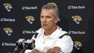 JACKSONVILLE, FL - AUGUST 14: Head coach Urban Meyer of the Jacksonville Jaguars addresses the media during a press conference following a preseason game against the Cleveland Browns at TIAA Bank Field on August 14, 2021 in Jacksonville, Florida. The Browns defeated the Jaguars 23-13. (Photo by Don Juan Moore/Getty Images)