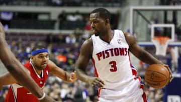 Jan 20, 2014; Auburn Hills, MI, USA; Detroit Pistons shooting guard Rodney Stuckey (3) dribbles the ball during the fourth quarter against the Los Angeles Clippers at The Palace of Auburn Hills. Clippers beat the Pistons 112-103. Mandatory Credit: Raj Mehta-USA TODAY Sports