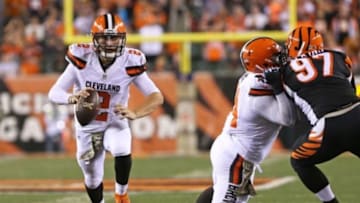 Nov 5, 2015; Cincinnati, OH, USA; Cleveland Browns quarterback Johnny Manziel (2) scrambles with the ball in the second half against the Cincinnati Bengals at Paul Brown Stadium. The Bengals won 31-10. Mandatory Credit: Aaron Doster-USA TODAY Sports