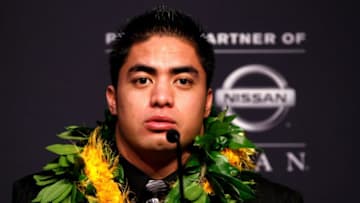 NEW YORK, NY - DECEMBER 08: Heisman finalists linebacker Manti Te'o of the University of Notre Dame Fighting Irish speaks during a press conference prior to the 78th Heisman Trophy Presentation at the Marriott Marquis on December 8, 2012 in New York City. (Photo by Mike Stobe/Getty Images)