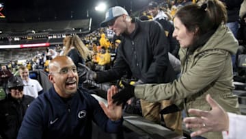 IOWA CITY, IOWA- OCTOBER 12: Head coach James Franklin of the Penn State Nittany Lions celebrates with fans following the match-up against the Iowa Hawkeyes, on October 12, 2019 at Kinnick Stadium in Iowa City, Iowa. (Photo by Matthew Holst/Getty Images)