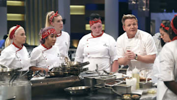 HELL'S KITCHEN: Host/chef Gordon Ramsay (C) with contestants in the "Wedding Bells In Hell episode of HELL'S KITCHEN airing Thursday, Jan. 28 (8:00-9:00 PM ET/PT) on FOX. CR: Scott Kirkland / FOX. © 2021 FOX MEDIA LLC.