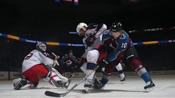 DENVER, CO - FEBRUARY 5: Sven Andrighetto #10 of the Colorado Avalanche battles for the puck against Seth Jones #3 of the Columbus Blue Jackets at the Pepsi Center on February 5, 2019 in Denver, Colorado. The Blue Jackets defeated the Avalanche 6-3. (Photo by Michael Martin/NHLI via Getty Images)