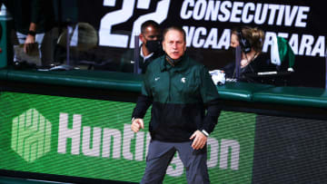 EAST LANSING, MICHIGAN - DECEMBER 25: Head coach Tom Izzo of the Michigan State Spartans reacts in the first half of the game against the Wisconsin Badgers at Breslin Center on December 25, 2020 in East Lansing, Michigan. (Photo by Rey Del Rio/Getty Images)
