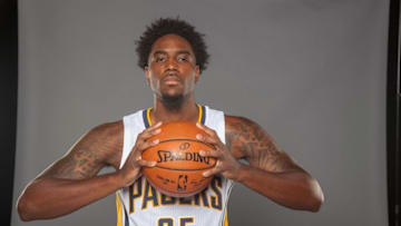 Sep 26, 2016; Indianapolis, IN, USA; Indiana Pacers forward Rakeem Christmas (25) poses for photos during media day at Bankers Life Fieldhouse. Mandatory Credit: Trevor Ruszkowski-USA TODAY Sports