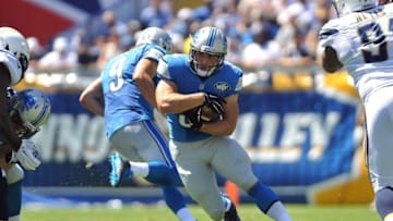 Sep 13, 2015; San Diego, CA, USA; Detroit Lions fullback Zach Zenner (34) runs during the game against the San Diego Chargers at Qualcomm Stadium. San Diego won 33-28. Mandatory Credit: Orlando Ramirez-USA TODAY Sports