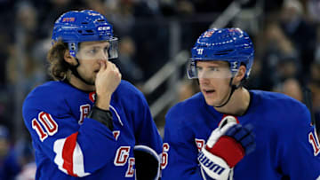 Jan 19, 2020; New York, New York, USA; New York Rangers left wing Artemi Panarin (10) and Rangers center Ryan Strome (16) talk during the second period against the Columbus Blue Jackets at Madison Square Garden. Mandatory Credit: Adam Hunger-USA TODAY Sports