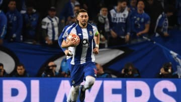 Porto's Mexican midfielder Hector Herrera runs with the ball after his team scored a goal during the UEFA Champions League quarter-final second leg football match between FC Porto and Liverpool at the Dragao Stadium in Porto on April 17, 2019. (Photo by Paul ELLIS / AFP) (Photo credit should read PAUL ELLIS/AFP/Getty Images)