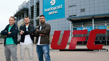 HAMBURG, GERMANY - MAY 25: Nick Hein, Jessin Ayari and Jarjis Danho (L-R) poses for the UFC Fight Night in Hamburg at the Barclaycard Arena on September 2016 on May 25, 2016 in Hamburg, Germany. (Photo by Oliver Hardt/Zuffa LLC/Zuffa LLC)